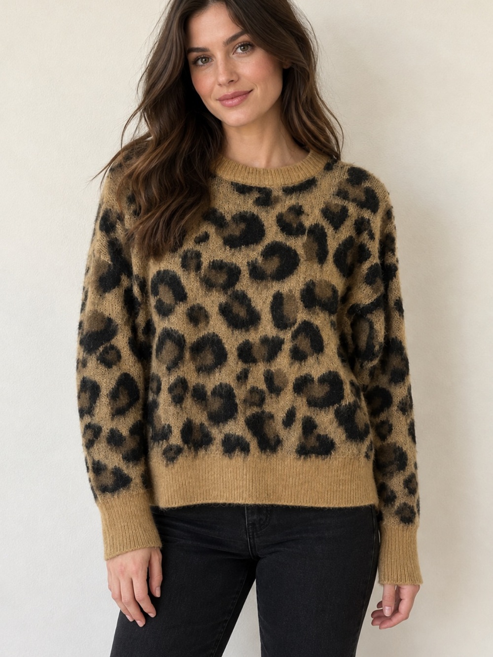 Primark Cozy Knit Leopard Print Crewneck Sweater Size XS Women’s Chic Fuzzy